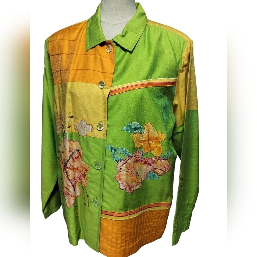 1531)Indigo Moon Citrus Color Embroidered Beaded Floral Button Down Jacket Large